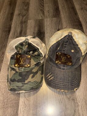 Pair of Distressed Trucker Caps with Leather Logo Patch - Camouflage & Denim LV